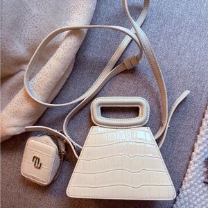 Maje Top Handle Pyramid Bag with Crocodile Pattern - White